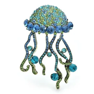 Sparkling blue and green crystal jellyfish brooch, elegant marine animal party pin jewelry