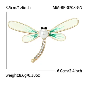 Elegant dragonfly brooch pin with white pearls and rhinestones size 6.0cm x 3.5cm