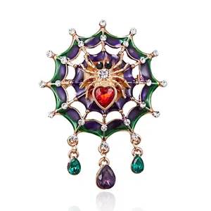 Detailed macro view of a vintage-style spiderweb brooch with colorful rhinestones