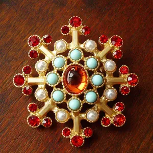 Close-up of a vintage snowflake brooch with red crystals, pearls, and matte gold finish