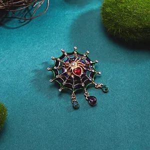 Vintage Alloy Spider Web Brooch For Women Men Rhinestone Red Heart Spider Enamel Drip Oil Animal Brooch Pin Halloween Gift