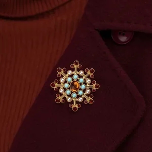 Baroque gold brooch with red and turquoise stones pinned to a burgundy wool coat