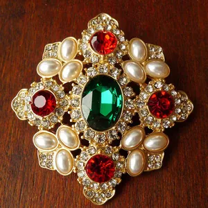 Detailed macro view of vintage palace style brooch with green red gemstones and pearls