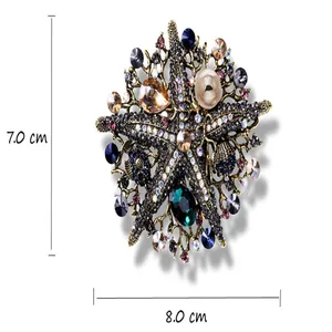 Close-up of vintage rhinestone starfish brooch with 7.0 cm by 8.0 cm measurement markings