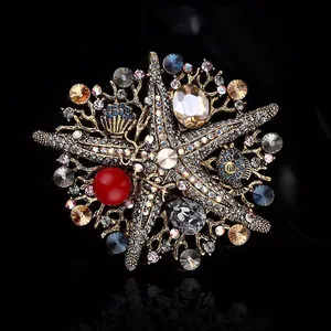Vintage Starfish Rhinestone Brooches for Women Large Artificial Pearl Alloy Brooch Pins Oversized Animal Jewelry For Banquet