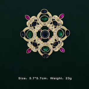 Vintage Baroque gold brooch with colorful gemstones, size 5.7x5.7cm, weight 23g info