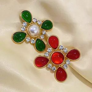 Vintage Barock Kreuz Brosche Gold Legierung Mit Strass Glas Künstliche Perle Für Damen Mittelalter Stil Schmuck