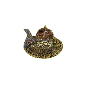 Broche théière lampe d'Aladin vintage avec strass colorés pour manteau de femme