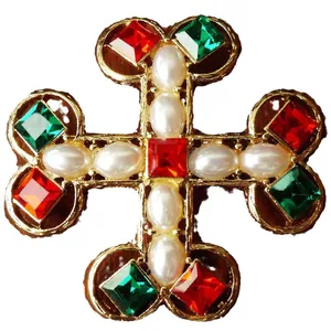 Vintage medieval style cross brooch with red green crystals and pearls for women