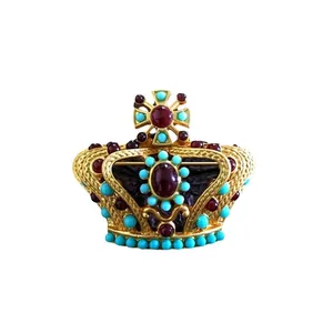Vintage luxury baroque crown brooch with red gems and turquoise beads for parties