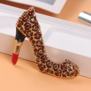 Vintage high heel and lipstick brooch with sparkling rhinestones and leopard print