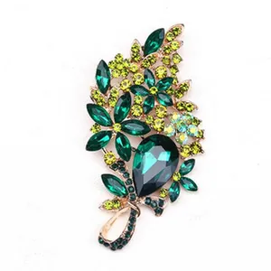 Elegant large green leaf brooch featuring sparkling crystals and flower design for women