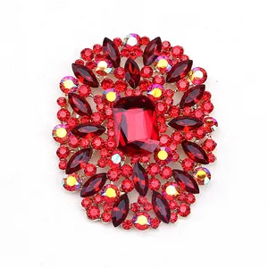 Vintage red crystal glass brooch with elegant floral pattern for women's clothing