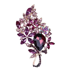 Elegant large purple crystal floral brooch featuring a teardrop gem for women fashion