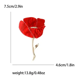 Élégante broche coquelicot rouge en alliage doré avec mesures détaillées de taille et de poids