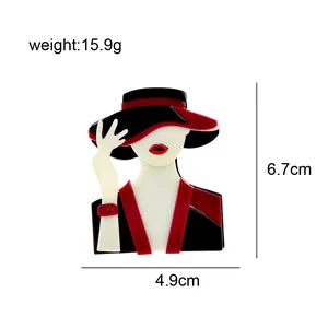 Detailed dimensions of elegant acrylic brooch shaped like a girl in a hat