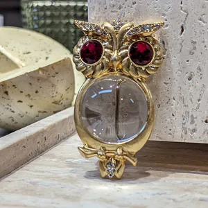 Detaillierte Nahaufnahme einer Vintage-Eulennadel mit roten Kristallaugen und Körper