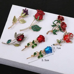 Elegant Alloy Rose Flower Brooch for Women Vintage Enamel Rhinestone Floral Pin Wedding Party Valentine Day Gift Jewelry