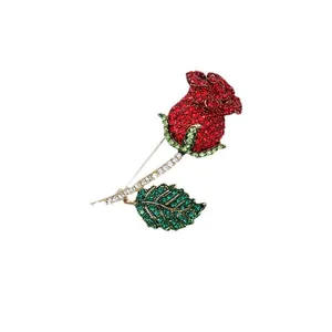 Elegant red rose brooch pin with green leaf rhinestones for women's Valentine's Day gift