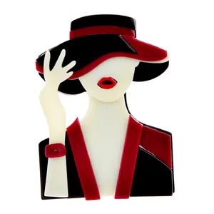 Elegant acrylic girl brooch in black and red uniform for fashion accessories.
