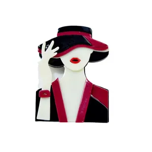 Elegant acrylic fashion lady brooch wearing a hat and uniform for women's clothing.