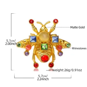 Spilla vintage a forma di ape in oro opaco con strass colorati, misura 5,1x5,7 cm