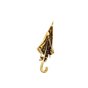 Vintage gold umbrella brooch pin for suit jacket with creative artistic badge design