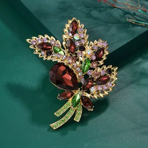 Vintage luxury rhinestone plant brooch with colorful crystals for women's clothing.