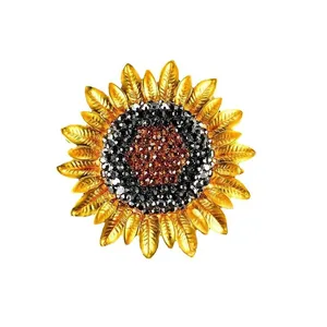 Elegant sunflower brooch featuring sparkling colorful crystals and textured gold-toned petals