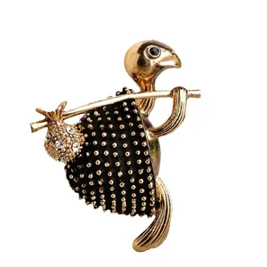 Vintage walking turtle brooch in gold-tone with black enamel shell and sparkling crystals