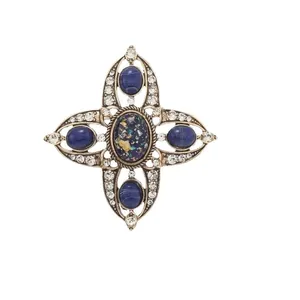 Vintage Hohlkreuz-Brosche mit blauen Steinen und klaren Kristallakzenten im Retro-Stil.