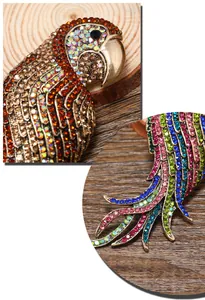 Close-up of a vintage colorful parrot brooch with sparkling multi-color rhinestones