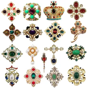 Baroque Vintage Alloy Rhinestone Artificial Pearl Brooches For Women Men Gold Multi-color Geometric Floral Cross Pin Jewelry