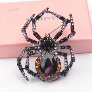 Vintage Spider Brooch Zinc Alloy Purple Rhinestone Teardrop Crystal Inlaid Gothic Style Insect Pin Fashion Jewelry Gift