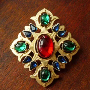 Vintage Baroque style palace brooch with red, blue and green gemstones on gold base