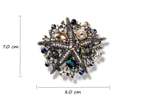 Vintage large starfish brooch with colorful rhinestones and pearls, 8.0x7.0 cm.
