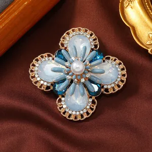 Vintage Gold Alloy Flower Brooch With Blue Opal Rhinestones And Artificial Pearl For Women Wedding Dress Corsage Pin