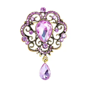 Exquisite Vintage-Barock-Brosche mit rosa Strasssteinen und birnenförmigem Kristallanhänger