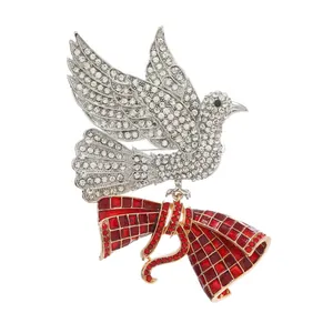 Elegante spilla vintage a forma di uccello con strass bianchi e accento regalo rosso