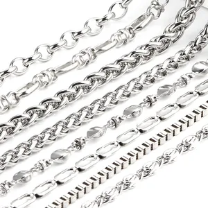 Detailed macro view showing various styles of stainless steel jewelry chains for DIY making