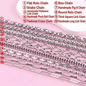 Detail of ten different styles of stainless steel chains for DIY jewelry necklace making