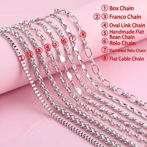Detailed view showing eight different styles of stainless steel jewelry chains for DIY projects.