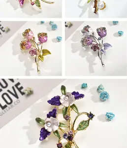 Close-up detail of elegant Korean style floral brooches with colorful crystals and pearls