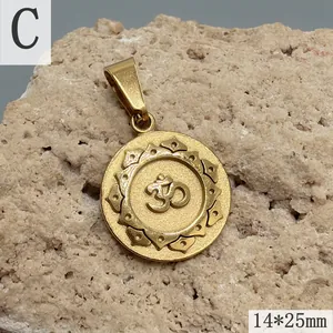 Macro detail view of vintage golden stainless steel Om symbol pendant, 14x25mm size