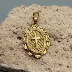Vintage gold-plated stainless steel cross pendant with textured oval frame for DIY jewelry