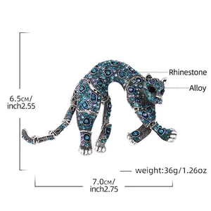 Spilla a leopardo vintage di lusso con strass blu e specifiche dimensionali