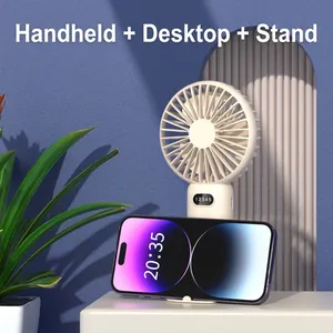 Portable handheld desktop mini fan with phone holder stand and digital display in off-white