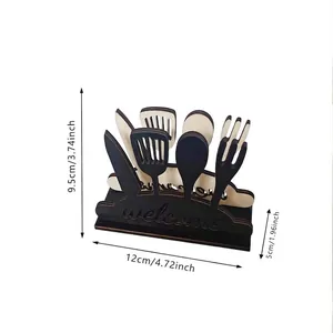 Minimalist wooden kitchen cutlery silhouette desk decoration with welcome engraving