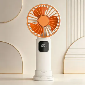 Portable white handheld mini fan with 100 speed digital display and orange blades