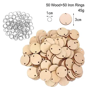 50Pcs Unfinished Wood Chips Keychain Accessories Double Hole Round Heart Wood Circles With 50Pcs Iron Rings For DIY Crafting